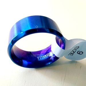 Size 9 Blue Titanium Unisex Band Ring. New. Opened only for photographing. Makes